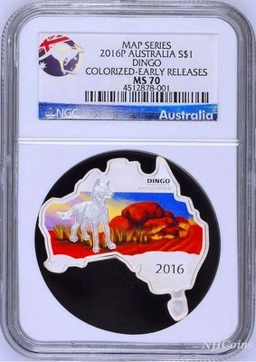 Australia MAP SHAPED COIN 2016 DINGO 1 oz $1 Silver Coin NGC MS70 ER - Image 1 of 4