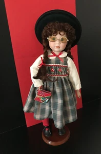 Vintage Adorable Schoolgirl Porcelain Doll w/Eyeglasses 16 1/4” w/ Wooden Stand - Picture 1 of 14