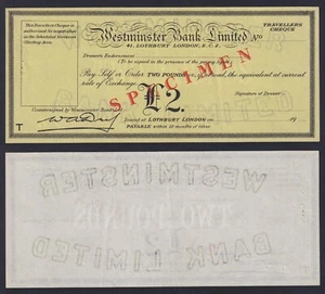 Regno Unito Westminster Bank 2 pounds Travelers Cheque SPECIMEN FDS-/UNC- - Imagen 1 de 1
