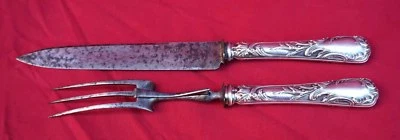 French Rococo Serving Set Carving Knife & Forks Sterling Silver Handle Iron Blad - Image 1 of 4