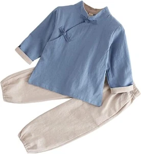 Kids Boys Girls Two Piece Set Chinese Tang Suit Cotton Linen Top Pants Sports - Picture 1 of 15