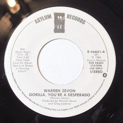 Warren Zevon Promo 7" 45 Record Gorilla You're a Desperado Asylum E-46641 1980 - Image 1 of 2