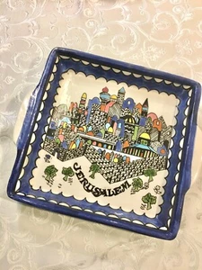 NWT Jerusalem City Armenian Ceramic Hand Made Matzah Square Handle Blue Plate - Picture 1 of 7