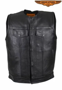 Men's Motorcycle Club Leather Vest Collarless w/ Multiple Pockets & Black Lining - Picture 1 of 12