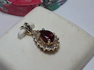 Estate .80ctw Natural Garnet & White Sapphire Halo 14Kt Yellow Gold Pendant20169 - Picture 1 of 6