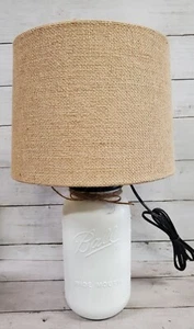 NEW! Mason Jar Lamp White w/ Burlap Shade Hand Painted Farmhouse Country - Picture 1 of 4