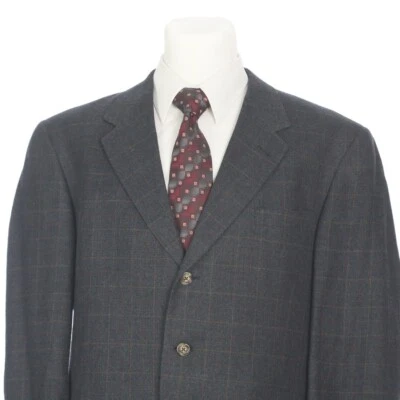 Tommy Hilfiger Gray Brown Windowpane Check Wool Sport Coat Jacket Mens 44R - Image 1 of 4