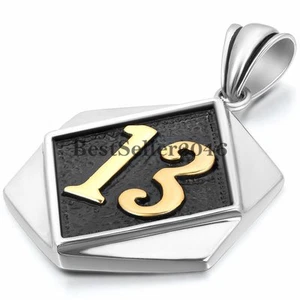 Men's Lucky 13 Biker Motorcycle Club Stainless Steel Dog Tag Pendant Necklace - Picture 1 of 4