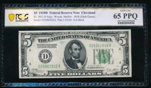 AC 1928B $5 Cleveland FRN PCGS 65 PPQ Fr 1952-D GEM UNCIRCULATED - Picture 1 of 2