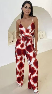 Ax Paris Rost Bedruckt Riemchen Krawatte Taille Overall IN Rot UK 10 (FM178-5) - Bild 1 von 4