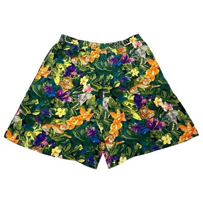 Vintage 100% Silk Green Tropical Floral High Waisted Elastic Stretch Band Shorts - Image 1 of 4