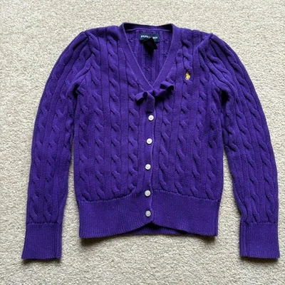 Ralph Lauren Sweater Girls 6X Purple Cable Knit Cardigan Bow Pony Logo Cotton - Image 1 of 4