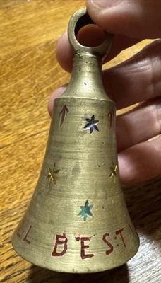 Vintage Etched Solid Brass Bell (2.75” Tall) Made in India - Image 1 of 4