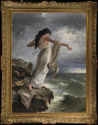 Handmade Old Master-Art Antique Oil Painting Women girl sea on canvas 24"x36" - Image 1 of 2