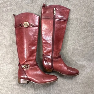 Tory Burch rote kniehohe Lederstiefel goldene Logo-Schnalle seitlicher Reißverschluss Damengröße 7 - Bild 1 von 17