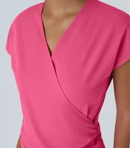 Halara V Neck Cap Sleeve Crossover Ruched Solid Work Blouse Pink Innuendo L - Picture 1 of 6