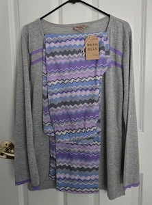 Womens Zig Zag Wavy Pattern Pajamas Purple Gray & Blue Chevron Sleep Set NWT - Picture 1 of 9