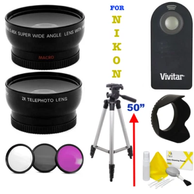 VIVITAR/XIT NIKON DSLR 55MM HD WIDE ANGLE LENS +ULTRA HD ZOOM LENS + TRIPOD & HOOD KIT FOR NIKON D3500