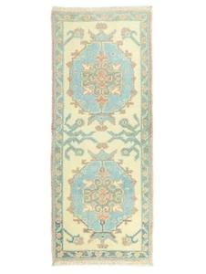 Small Oushak Hand Woven Runner-Turkish Traditional Rug in blue, cream-2.5x6 ft - Picture 1 of 13