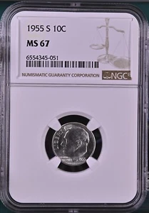 Moneda de diez centavos Roosevelt 1955-S 10C NGC MS67 6554345-051 - Imagen 1 de 2
