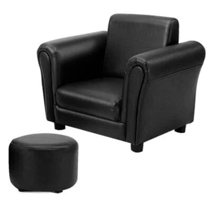 Costway Kids Sofa 21" W/ Ottoman Durable Solid Upholstered Faux Leather Black - Picture 1 of 7