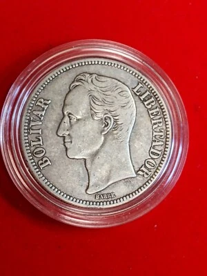 1929 Venezuela Silver 5 Bolivares LEI 900 VF+ #AUG05 - Image 1 of 4