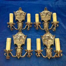 Four antique double candle wall sconces with polychrome Roman chariot Scene 142B