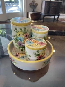 Set Of 4 Porcelain Handpainted Jars With Matching Plate And Lids Made In Italy - Picture 1 of 8
