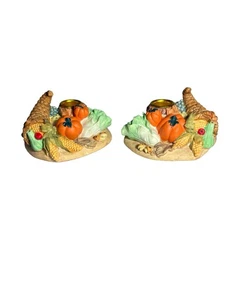 Pair of Stoneware Thanksgiving Cornucopia Tapered Candle Holders - Picture 1 of 6