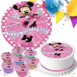 MINNIE MOUSE PERSONALISED BIRTHDAY ICING CAKE TOPPER & CUPCAKE TOPPERS D-721 - Picture 1 of 7