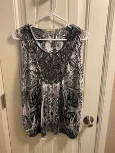 One World L Top Sublimation Blouse Large Black White Bling Shirt Lg Stretch - Picture 1 of 7