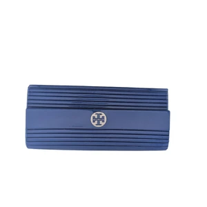 Tory Burch Blue Resin Ribbed Hard Shell Clutch Logo Accent Evening Bag Purse - Picture 1 of 4