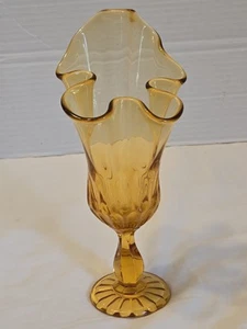 Fenton Colonial Amber Art Glass Thumbprint Swung Handkerchief Pedestal Vase Deco - Picture 1 of 7