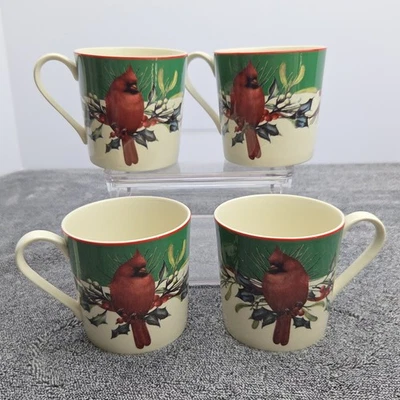 Juego de 4 tazas de saludos de invierno Lenox caja de café verde cardenal China Navidad Foto 1 de 4