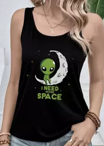NEW Med Women's Green Alien Black Poly Tank Top. Alien Sits on 1/8 Moon Print - Picture 1 of 3