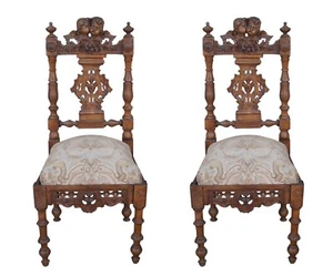 2 Antique Italian Renaissance Revival Walnut Carved Side Chairs Cherubs Pair - Picture 1 of 13