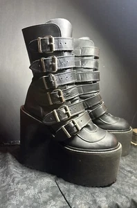 DEMONIA SWING-230 Women's Size 9.5 Wedge Platform Goth Buckle Strap Black Boots - Picture 1 of 9