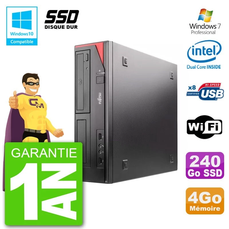PC Fujitsu Esprimo E520 Dt G3220 RAM 4Go SSD 240Go Masterizzatore DVD Wifi W7 - Immagine 1 di 1