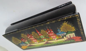 Vtg Russian Hand Painted Village Black Lacquer Jewelry Trinket Box Signed n.wayu - Picture 1 of 4