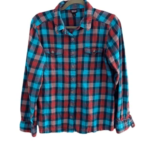 Patagonia Fjord Red Blue Button Down Organic Cotton Flannel Shirt Size 10 - Picture 1 of 5