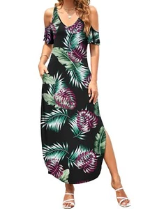 Women's Summer Maxi Dresses Hawaiian Palm Leaf Tropical Vacation Beach Long S... - Picture 1 of 6