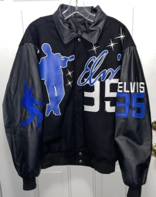 Chaqueta Universitaria Elvis Presely 35 Cuero Lana Negro Y Azul Talla Pequeña Foto 1 de 4