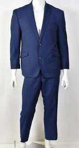 RIVELINO Navy Fine-Stripe Wool Peak Dual-Vent Flat Front Slim Suit 44S x 38W - Picture 1 of 8