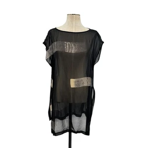 Eileen Fisher Sheer Blouse Top Tunic Silk Metallic Stripe Silver Black Medium - Picture 1 of 11