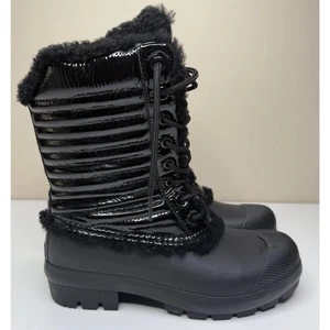 Hunter Original Shearling Boots Womens 8 Black Patent Leather Rubber Lace Up - Picture 1 of 11