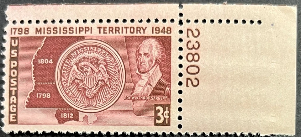 U.S. Scott #955, Plate # w/Stamp, 150th Anniv of the Mississippi Terr, VF MNH - Image 1 of 2