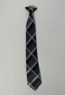 Boys Striped Clip On Tie Necktie Black Gray Plaid 17” Long - Image 1 of 4