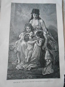 Gravure 1878 - Une couvée d'après Lobrichon ( femme avec ses 3 enfants ) - Foto 1 di 1