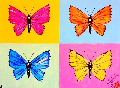 BUTTERFLY Painting . ORIGINAL Cardboard Canvas . POP ART .  COA . 2006 - Image 1 of 4