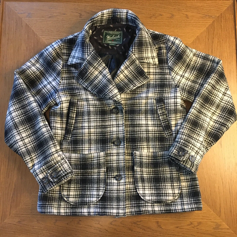 Casaco feminino WOOLRICH médio preto branco xadrez peito duplo lã ervilha excelente estado usado! - Imagem 1 de 4